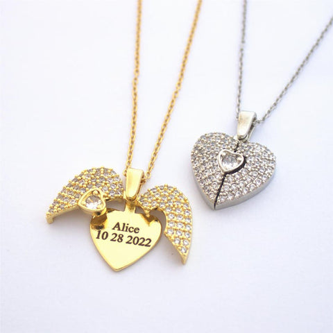 Custom Heart & Wing Pendant Necklace – Gold & Silver