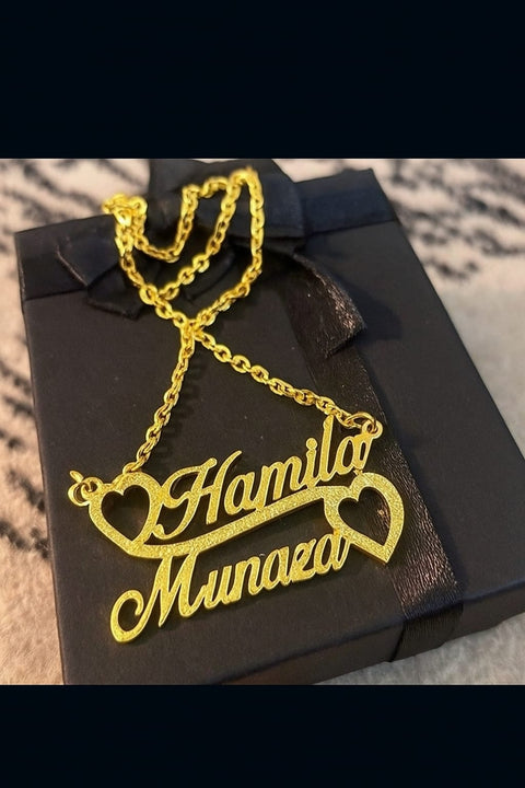 Twin Hearts Name Necklace – Personalized Gold Design ✨