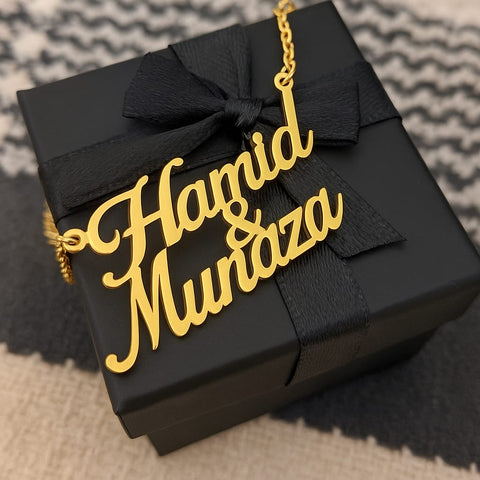 Twin Hearts Name Necklace – Personalized Gold Design ✨